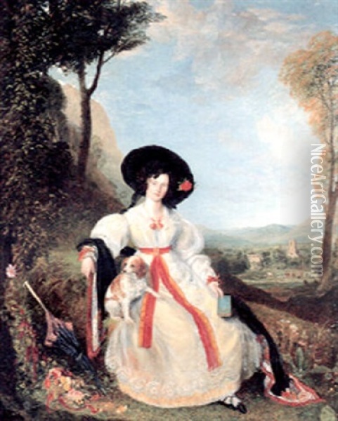 Portrait Of Miss Chalders, Seated With Her Dog In A Landscape Oil Painting - George Richmond