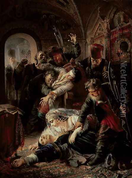 Hired Assassins Killing Tzar Boris Fyodorevich Godunov's Son, 1862 Oil Painting - Konstantin Egorovich Egorovich Makovsky