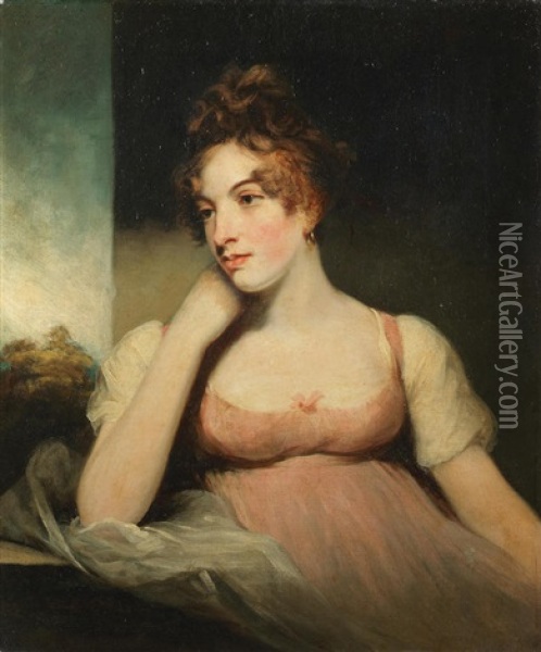 Portrait Of A Lady, Half-length, In A Pink Dress, Seated Before A Window Oil Painting - Sir John Hoppner