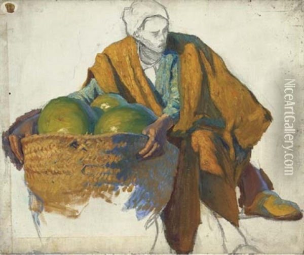 A Market Vendor Oil Painting - Ludwig Deutsch