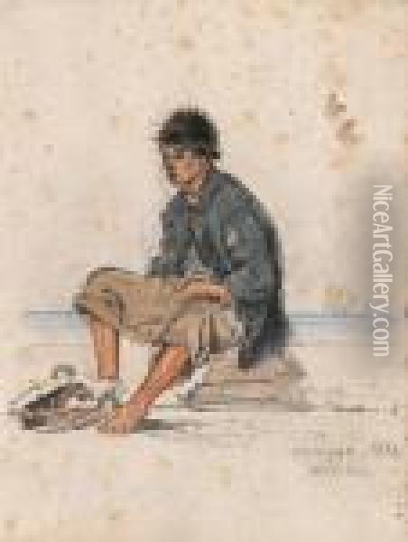 Ein Junge Am Strand Oil Painting - August Xaver Karl von Pettenkofen