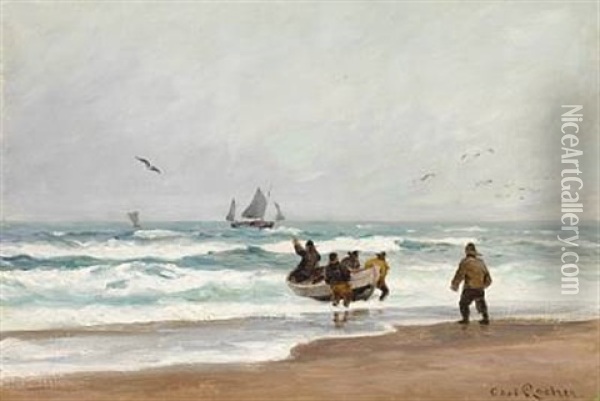 Fishermen On The Beach Oil Painting - Carl Ludvig Thilson Locher