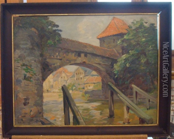 Le Pont Sur La Pegnitz A Nuremberg Oil Painting - Louis-Jules Dumoulin