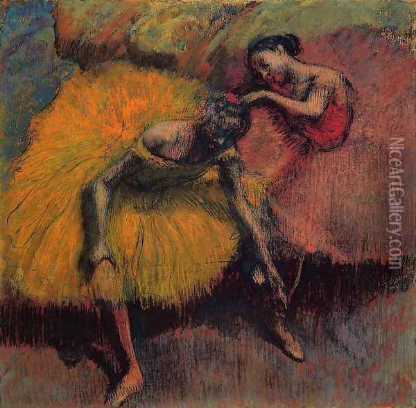 Two Dancers in Yellow and Pink Oil Painting - Edgar Degas