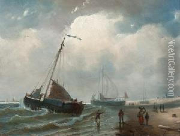 Barges On The Beach Oil Painting - Petrus Paulus Schiedges
