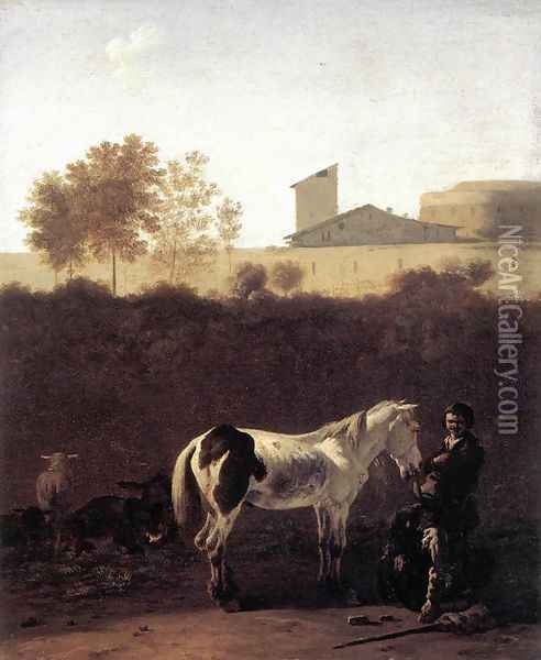 Italian Landscape with Herdsman and a Piebald Horse c. 1675 Oil Painting - Karel Dujardin