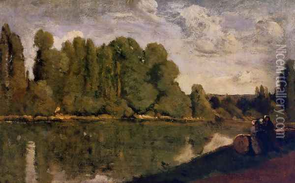 The Rhone - Three Women on the Riverbank Seated on a Tree Trunk Oil Painting - Jean-Baptiste-Camille Corot