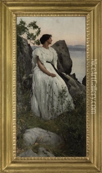 Lady In White At A Lakeside Oil Painting - Adolf Hiremy-Hirschl