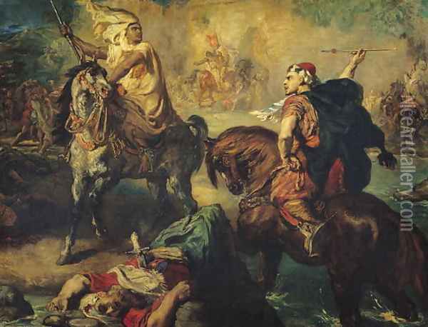 Arab Tribal Chiefs in Single Combat, under the Ramparts of a Town, 1852 Oil Painting - Theodore Chasseriau