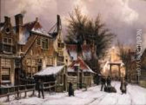 A Townview With Figures On A Snow Covered Street Oil Painting - Willem Koekkoek