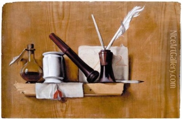 A Trompe L'oil Still Life With A Flacon, A Seal Holder, A White Glazed Delft Pot, A Letter Ad Quills In An Ink Pot, All Arranged Upon A Wooden Shelf Oil Painting - Heyman Dullaert