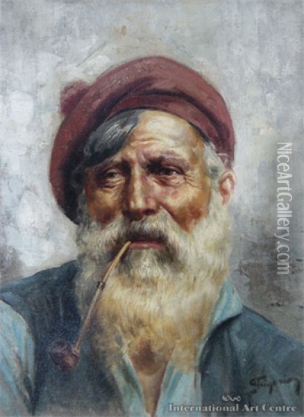 Pipe Smoker Oil Painting - Raffaele Frigerio