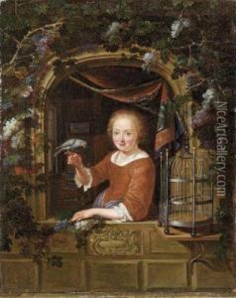 Jeune Fille A La Fenetre, Tenant Un Perroquet. Oil Painting - Dominicus van Tol