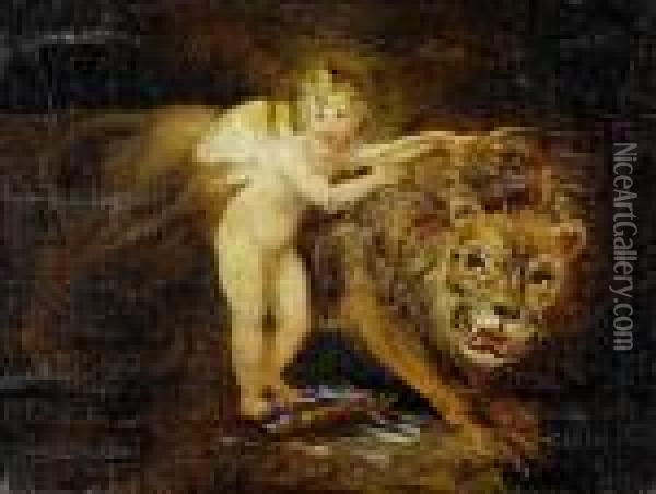 Cupid And A Lion Oil Painting - Sir Joshua Reynolds