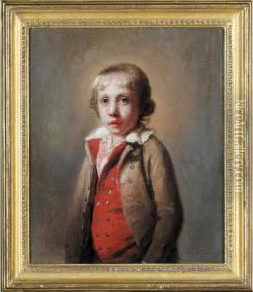 Portrait Of A Boy, Half Length, 
Wearing A Brown Coat, Scarlet Waistcoat And A White Shirt Oil Painting - Richard Livesay