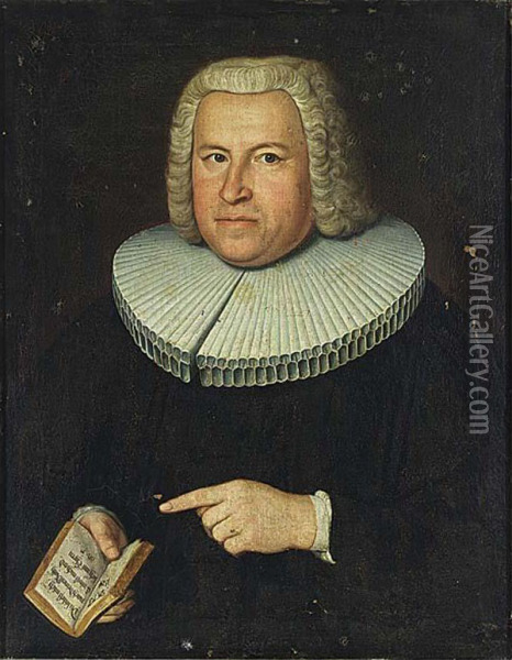 A Portrait Of Zacharias Handler (1698-1756), Half Length, Wearing A Black Dress With A White Lace Collar And A Wig, Holding A Bible In His Right Hand Showing Psalm 73 Verse 20 Oil Painting - Nikolaus Moritz Kleemann