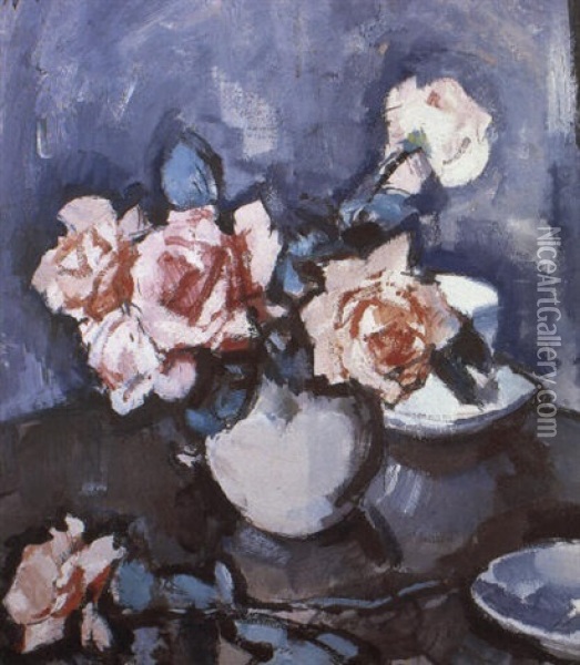 Mixed Roses In A Vase Oil Painting - Samuel John Peploe
