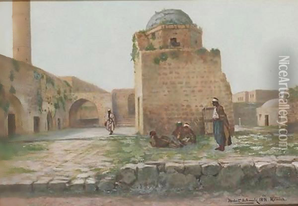 Courtyard Of The Old Mosque At Ramleh Oil Painting - Herbert Gustav Schmalz
