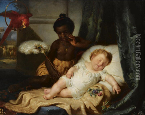 Watching The Baby Sleep Oil Painting - Hermann Brucke