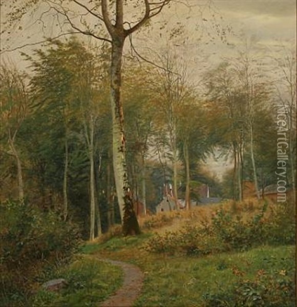 Houses And A Path In The Woods Oil Painting - Julius Petersen