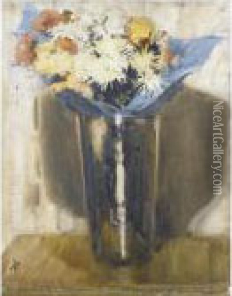 Flowers In Paper In A Vase Oil Painting - William Nicholson