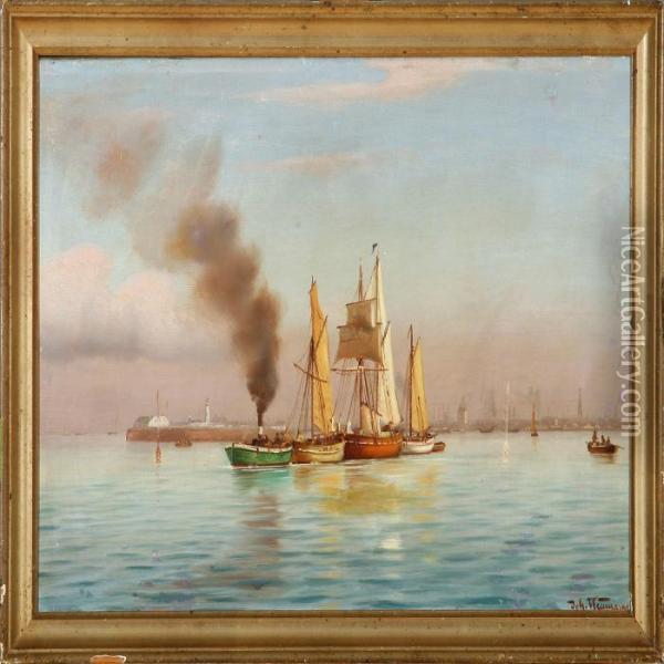 Ships In Copenhagen Harbour Oil Painting - Johann Jens Neumann