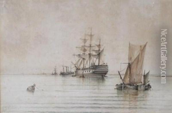 Vessels In Calm Waters Oil Painting - Albert Marks