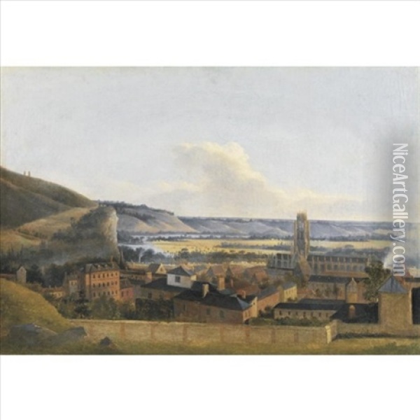 View Of A Town On The River Yonne Oil Painting - Jean Pierre Louis Houel