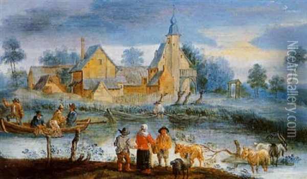 A River Landscape With Fishermen And Farmers In Front Of A Village Oil Painting - Andreas Martin
