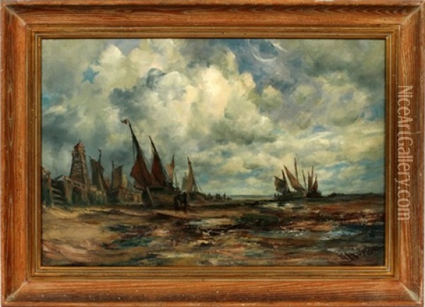 Ships At Low Tide Oil Painting - Robert B. Hopkin