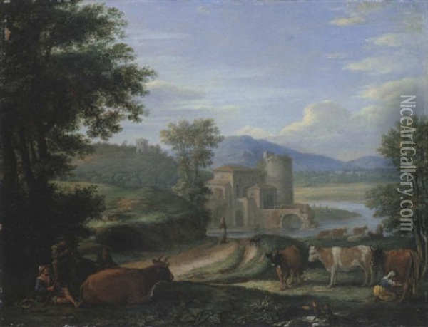 A River Landscape With Drovers And A Milkmaid With Their Cattle, A Castle In The Middle Distance Oil Painting - Hendrick Frans van Lint