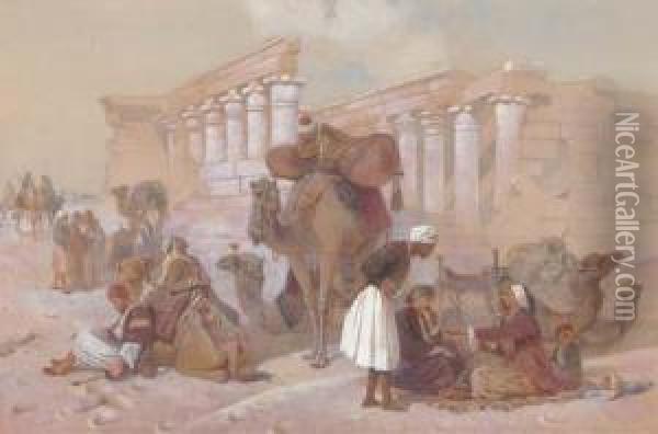 Arabs With Their Camels By Temple Ruins Oil Painting - Joseph-Austin Benwell