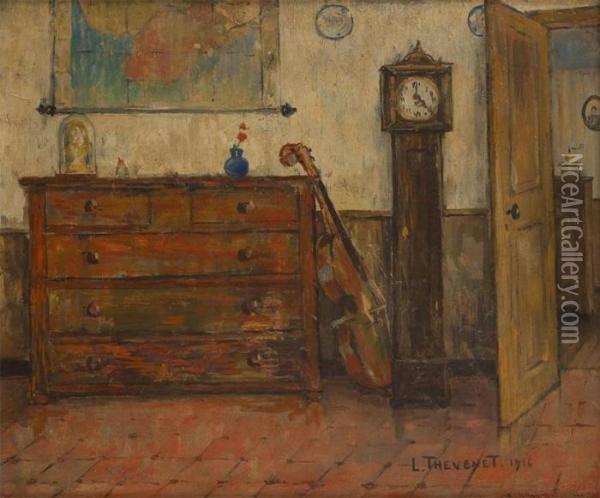 Horloge Gaine Et Violoncelle. Oil Painting - Louis Thevenet