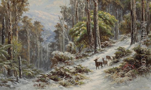 Snow In The High Country With Deer In The Foreground Oil Painting - James Waltham Curtis