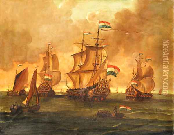 Dutch Men-of-War and other Ships in Calm Seas Oil Painting - Dutch School