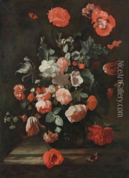 Peonies, Carnations, Tulips And Other Flowers In A Glass Vase, On A Stone Ledge Oil Painting - Simon Pietersz Verelst