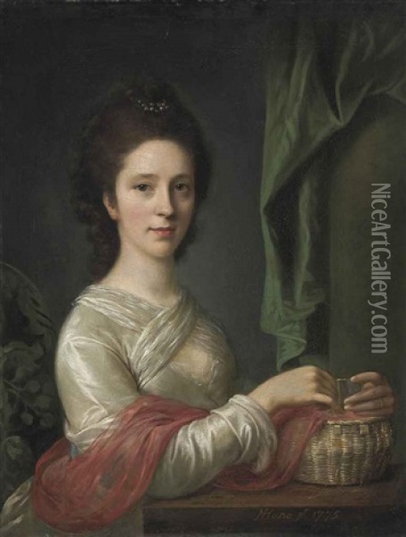 Portrait Of A Lady, In A White Dress With A Red Shawl, Seated At A Table, With A Basket And Thread, A Column And Draped Curtain Beyond Oil Painting - Nathaniel Hone the Elder