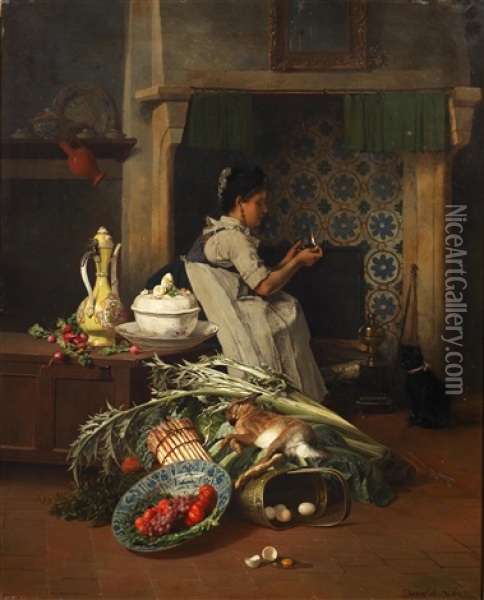 Kitchen Maid With Game And Vegetables Oil Painting - David Emile Joseph de Noter