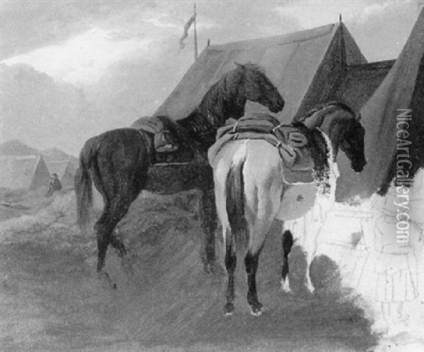 Zwei Pferde Im Feldlager Oil Painting - Johann Adam Klein