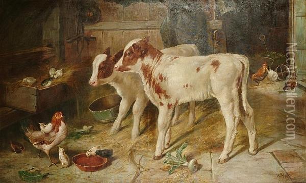 Calves And Poultry In A Stable Oil Painting - Walter Hunt