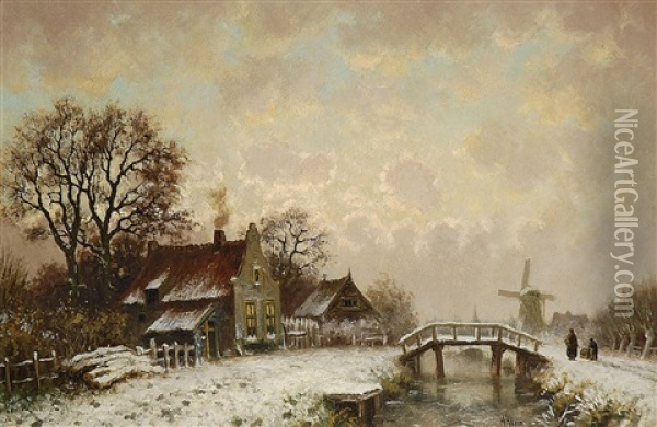 Winterlandschaft Mit Hausern Und Windmuhle Am Bach Oil Painting - Hugo Klein