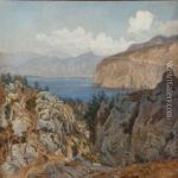 Rocky Coast, Presumably From Capri Or Sorrento Oil Painting - Janus Andreas La Cour