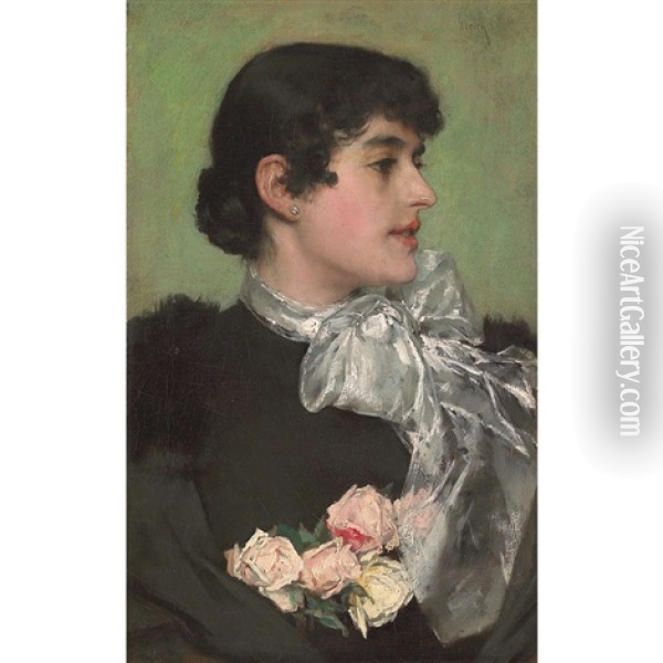 Portrait Of A Woman With Tea Roses Oil Painting - Charles Frederick Ulrich