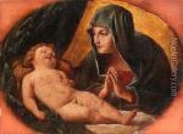 The Madonna And Sleeping Child, In A Painted Oval Oil Painting - Guido Reni