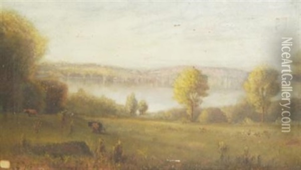Cattle Grazing Before Lake Cazenovia Oil Painting - Dwight Williams