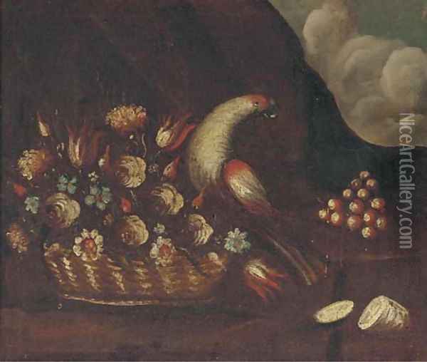 A basket of flowers and a parrot Oil Painting - The Pseudo-Guardi