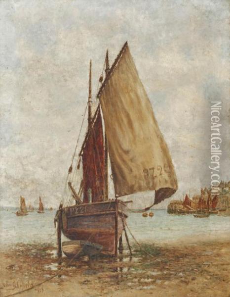 Coastal Scene, With Beached Fishing Vessel Oil Painting - John William Schofield