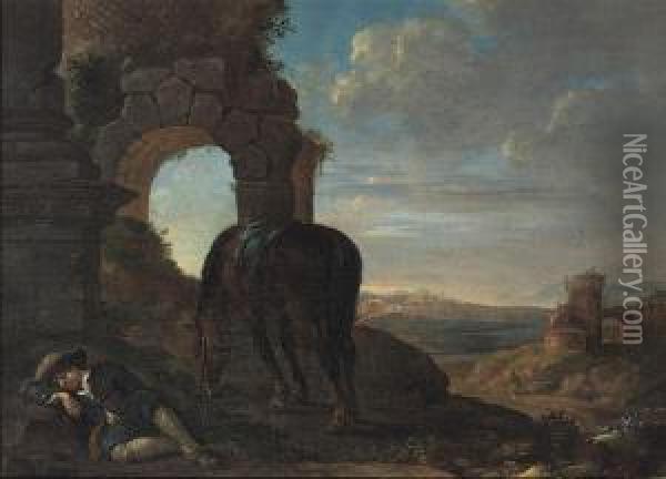 A Young Man Sleeping In An Italianate Landscape, His Horse Standingnearby Oil Painting - Pieter Cornelisz. Verbeeck