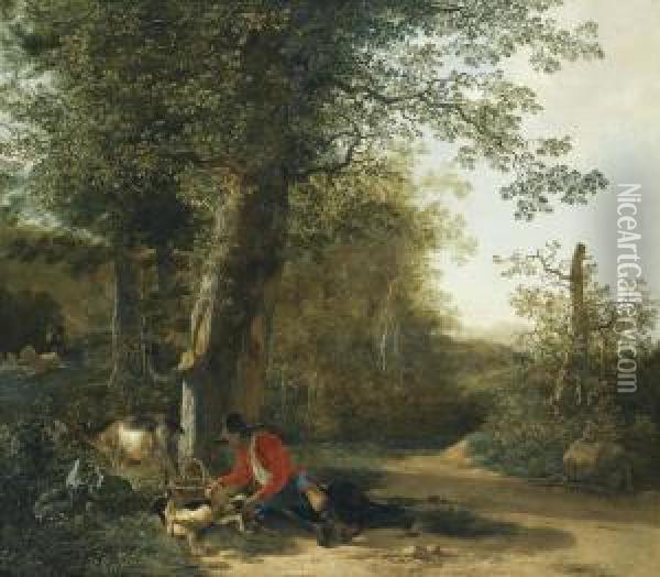 A Peasant Playing With His Dog While Resting At The Margin Of A Wood Oil Painting - Adam Pynacker