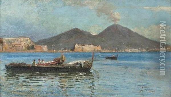 Fishing Boats In The Bay Of Naples, Vesuvius Beyond Oil Painting - Luigi Palumbo
